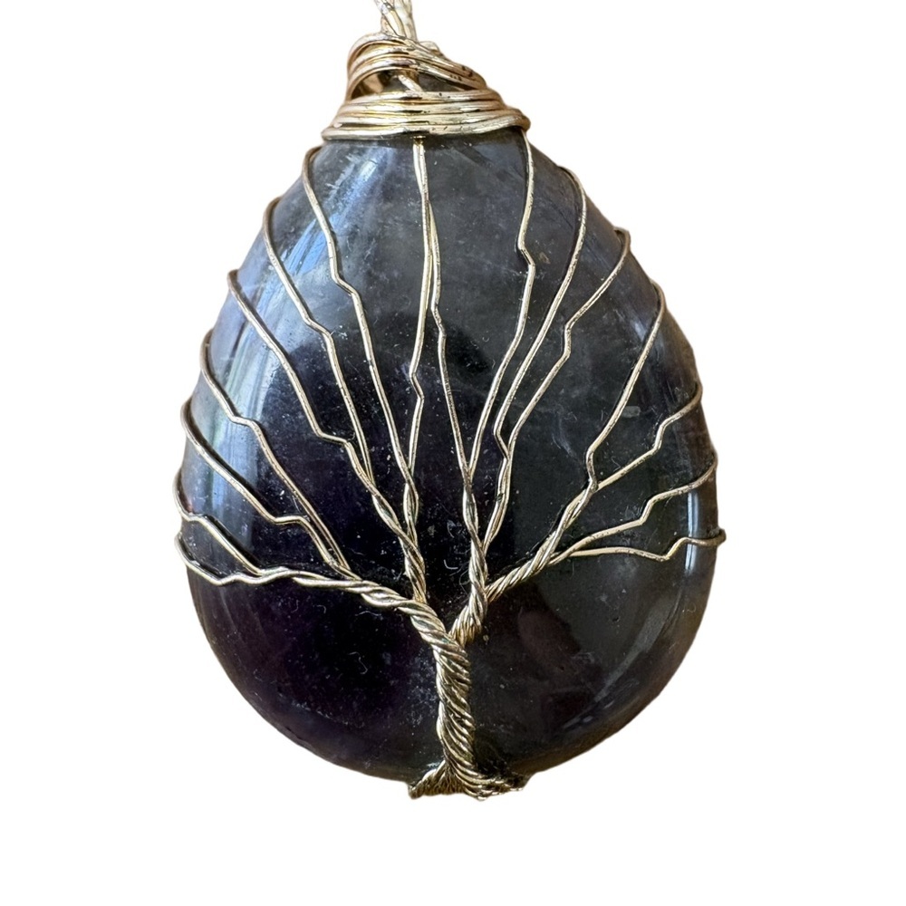 Large Fluorite Tree of Life Wire Wrapped Pendant Gold Tone Handmade
